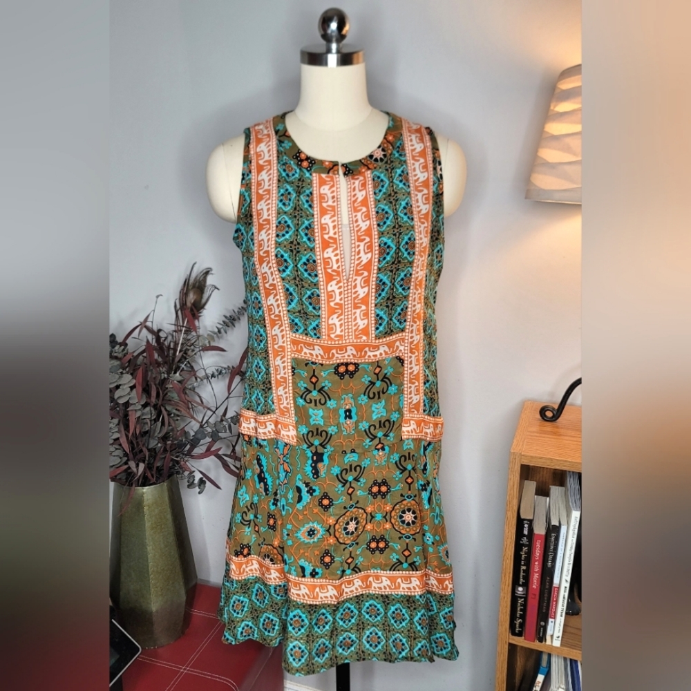 Tolani Silk Dress Boho Elephant Print Size XS